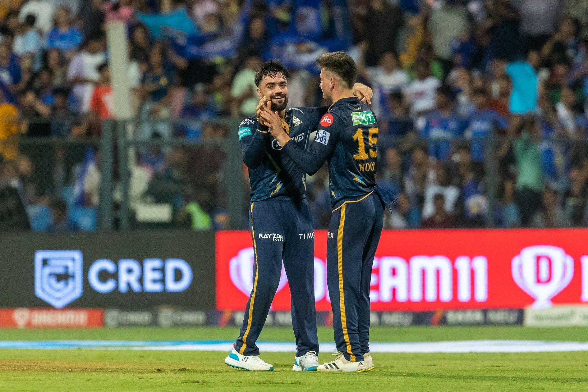 Rashid Khan celebrates a wicket with Noor Ahmed. (Credits: Twitter)